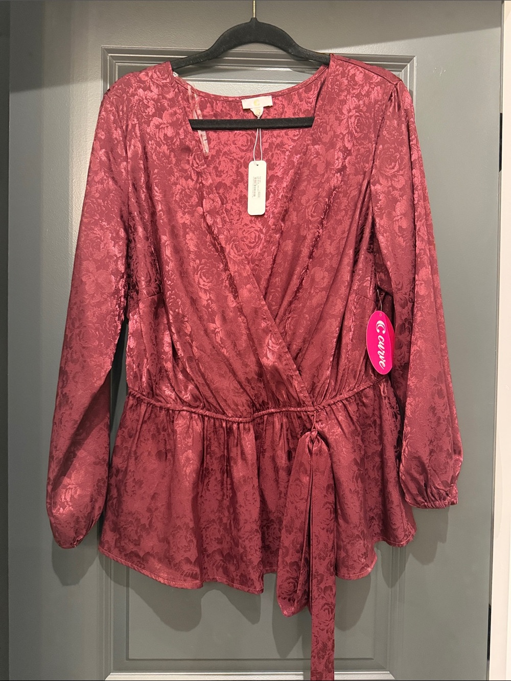 NWT Charming Charlie Curve Satin Jacquard Wrap Top - Raspberry